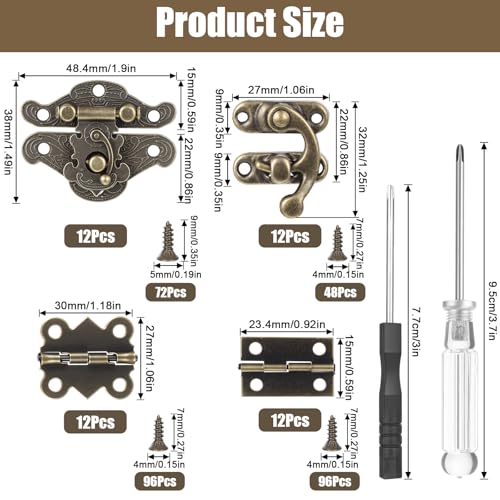 72 Sets Retro Jewelry Box Hinges and Latches with Matching Screws Kit, Small Bronze Brass Latch Hinges for Wooden Jewelry Box and Decorative Cabinet(Catch*24 + Hinges*48)