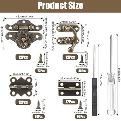 72 Sets Retro Jewelry Box Hinges and Latches with Matching Screws Kit, Small Bronze Brass Latch Hinges for Wooden Jewelry Box and Decorative Cabinet(Catch*24 + Hinges*48)