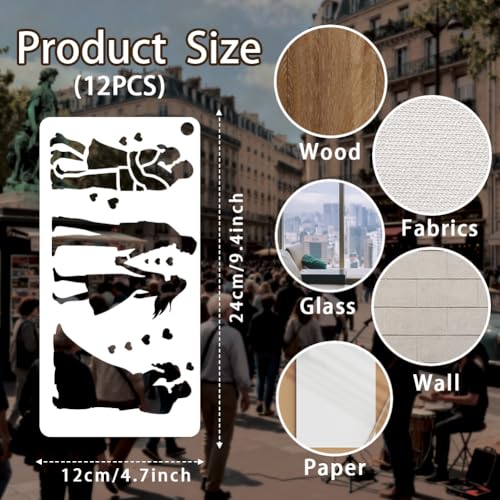 12 Sheets Human Silhouette Stencils for Painting, 12 Styles Dancing Person Drawing Templates Family Silhouette Plastic Art Templates for Painting on Wall Wood Home Decor, 240x120mm - style: Human Silhouette