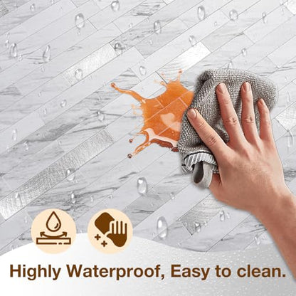 Peel and Stick Backsplash Tile Waterproof Removable PVC Wall Sticker 3D Faux Stone Marble Brick White Accent Panels (White Marble - Metal Silver, 20 Tiles - 9 sq. ft. (0.84 M²)) - color: White Marble - Metal Silver, size: 20 Tiles - 9 sq. ft. (0.84 M²)