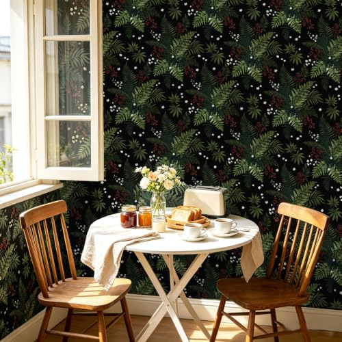 Dark Green Botanical Berries Peel and Stick Wallpaper 17.5" x 118" - color: Black/Dark Green, size: 17.5" x 118"