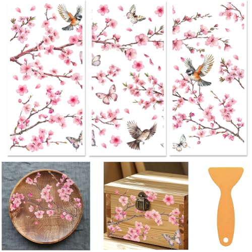3 Sheets Flower and Butterfly Rub on Transfers for Crafts and Furniture 12×6inch Peach Blossom Birds Furniture Transfer Stickers for Wood Furniture Cabinet Dressers Home Decor - style: Peach Blossom and Butterfly