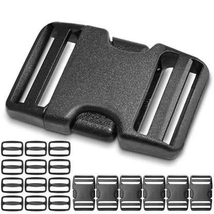 CooBigo 6 Set 1.5 Inch Plastic Quick Release Buckles + 12 pcs Tri-glide Slides - color: Black, size: 1.5"