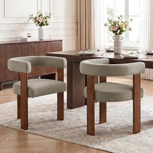 Usaint Wooden Barrel Dining Chairs Set of 6 with Walnut Wood Legs and Arm - color: Brown, size: Set of 6