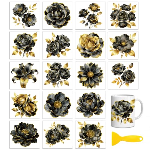 Peacoblue Black Gold Flower Rub On Transfers for Craft, Transfer Sticker - style: Black Gold Flower