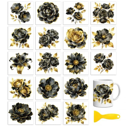 Peacoblue Black Gold Flower Rub On Transfers for Craft, Transfer Sticker - style: Black Gold Flower