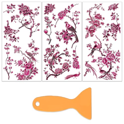 OLYCRAFT 3Pcs/Set Pink Flowers Rub on Transfers for Furniture and Crafts 6x12 Inch Bird Decor Transfer Stickers Oriental Style Decals with 1pc Scraper for Wooden Home Dresser Wardrobe Decoration - style: Oriental flower