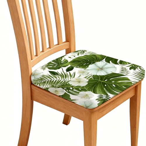 Chair Seat Covers - Waterproof Stretch Printed Dining Room Chair Cover with Elastic Ties Removable Washable Dining Upholstered Chairs Protector (White-Green, Four-Piece Set) - color: White-green, size: Four-piece set