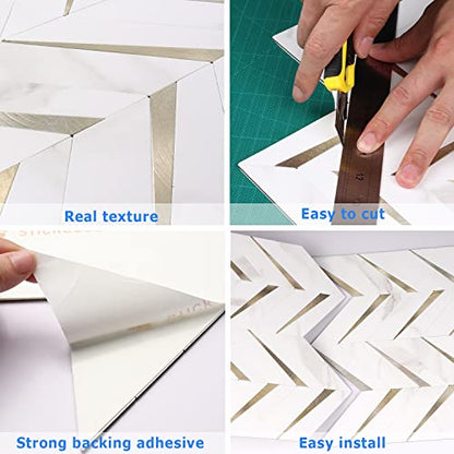 STICKGOO Herringbone Tile Peel and Stick Backsplash for Kitchen&Bathroom - color: White Marble Mixed Gold