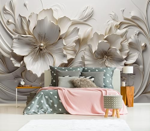 Peel and Stick 3D Embossed Flowers Wallpaper Beige Floral wall Mural - color: M11, size: 118"x85"