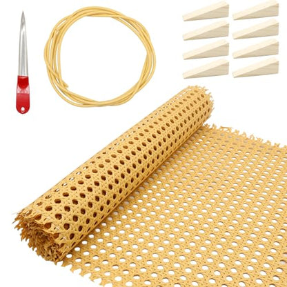 Rattan Repair Kit Includes 14 in X 7.2ft Rattan Cane Webbing Roll, Spline, Wooden Wedges, Caning Chisel, Cane Chair Repair Kit Caning Material for Chairs, Cabinets, Diy Home Projects
