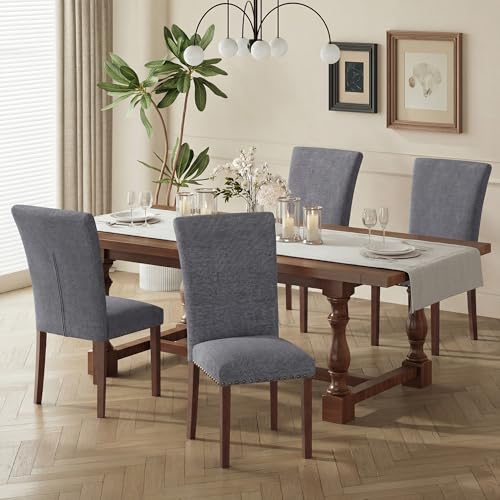 COLAMY Upholstered Parsons Dining Chairs Set of 4, Fabric Dining Room Kitchen Side Chair with Nailhead Trim and Wood Legs - Dark Grey - color: F-darkgrey, size: Set of 4