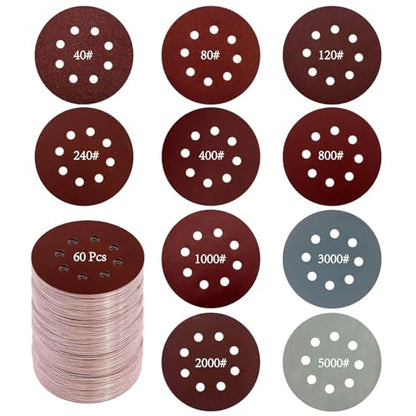 60 PCS 5 Inch Sanding Discs, Hook and Loop Round Sandpaper for Orbital Sander - 40/80/120/240/400/800/1000/2000/3000/5000 Grit Assortment for Wood Metal Polishing (01-Assortment Kit) - style: Assortment Kit