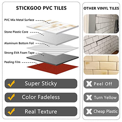 STICKGOO 20 Sheets Peel and Stick Backsplash Tile, Stick on Backsplash for Kitchen and Bathroom, Calacatta Gold Marble Look PVC Mixed Gold Self Adhesive Wall Tiles - color: Calacatta Gold + Metal Gold