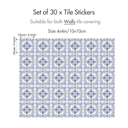 30 Pack, 4x4 Inch Classic Portuguese Azulejo Tile Decals, Blue and White Peel and Stick Vinyl for Backsplash, Stairs & Furniture (Blue) - color: Blue