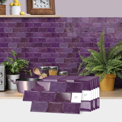 Alwayspon 6x12inchx10Pcs Self Adhesive Wall Tile Sticker, Peel and Stick Adhesive Waterproof Backsplash Stick on Tile Decals for Kitchen Bathroom Wall, Deep Purple - color: Deep Purple