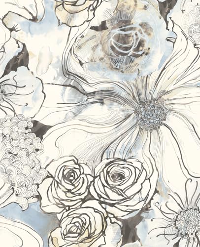 NextWall Harry & Grace Ink Rose Abstract Floral Peel and Stick Wallpaper (Blue Mist & Stoneware) - color: Blue Mist & Stoneware