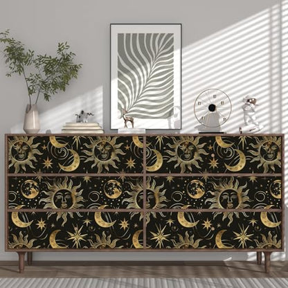 Laatse Celestial Sun Moon Wallpaper Peel and Stick 17.5"x 118",Black/Golden - color: Gold moon, size: 17.5" x 118"