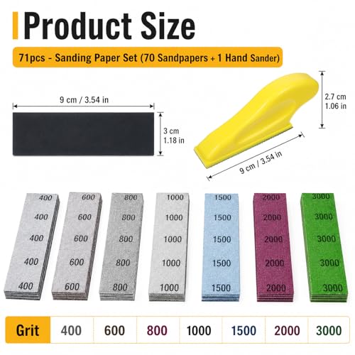 70PCS Fine Grit Sandpaper, Micro Detail Sander Paper Kit, Wet Dry Sandpaper, Grit 400 600 800 1000 1500 2000 3000, 3.5”x 1”Hand Sanding Block with Hook and Loop Sanding Strips for Crafts Woodworking