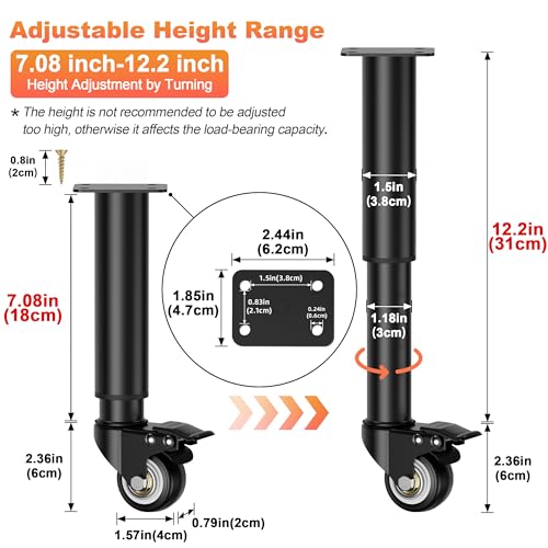 Wlrrcwdttc 7-12 inch Metal Adjustable Furniture Legs with 2.36 inch Swivel Caster Wheels for Cabinet/Sofa/Bed/Dresser/Couch/Coffee Table,Heavy Duty Replacement Support Legs with Caster Wheels Set of 4