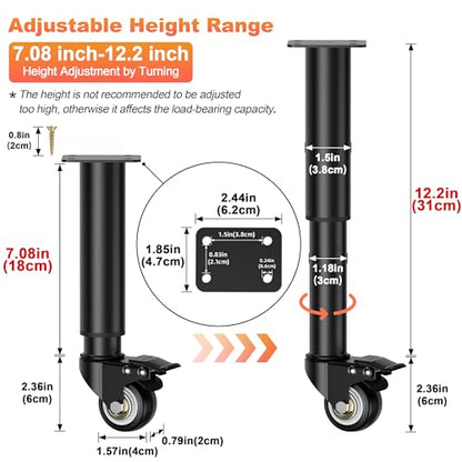 Wlrrcwdttc 7-12 inch Metal Adjustable Furniture Legs with 2.36 inch Swivel Caster Wheels for Cabinet/Sofa/Bed/Dresser/Couch/Coffee Table,Heavy Duty Replacement Support Legs with Caster Wheels Set of 4