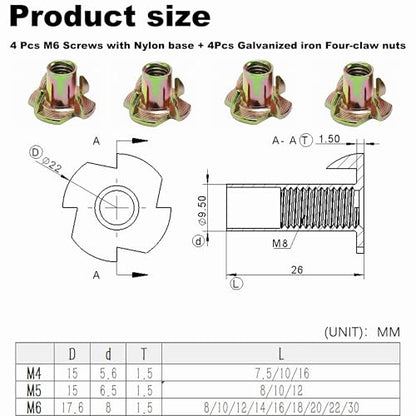 Adjustable M6 Furniture Leveling Feet 4PCS - 50mm Swivel Leg Levelers with Four-Claw Nuts, Anti-Skid Nylon Base & Stainless Steel Screws for Cabinets, Tables, Chairs, Workbench - 40kg Load Capacity
