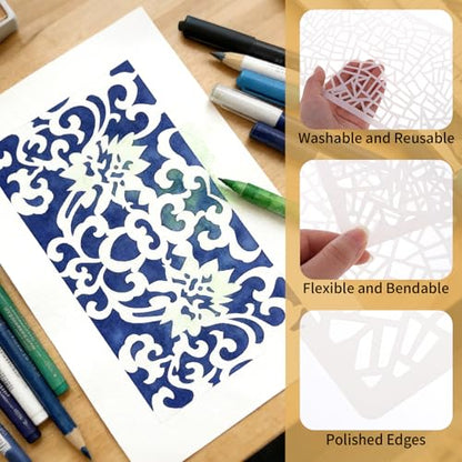 20 Pcs Abstract Texture Stencils Mixed Size Geometric Stencils for Painting Reusable Templates with Wave Brick Floral Designs for Painting on Wall Decor Canvas DIY Projects - style: Style 2