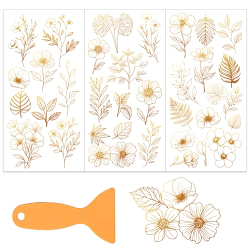 OLYCRAFT 3pcs/Set Orange-Yellow Flower Leaves Rub on Transfers for Furniture and Crafts 6x12 Inch Flowers Furniture Decals Transfer Stickers Rub on Decals with 1pc Scraper for Wood Glass Home Decor - style: Yellow-brown gradient flowers