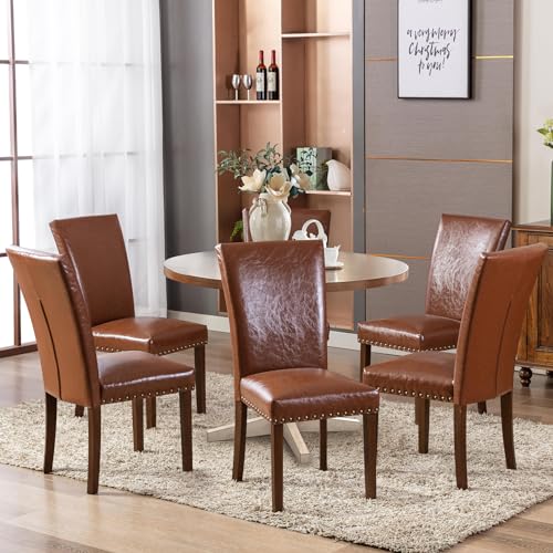 COLAMY Upholstered Parsons Dining Chairs Set of 2, PU Leather Dining Room Kitchen Side Chair with Nailhead Trim and Wood Legs - Light Brown - color: L-lightbrown, size: Set of 2