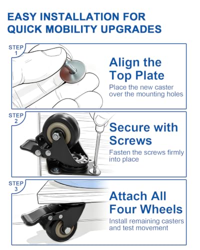 Htudcue 2 Inch Heavy Duty Caster Wheels Set of 12, Swivel Plate PU Casters with Lock, Noiseless Polyurethane Wheels for Small Workshop & Utility Carts, 800lbs Load Capacity