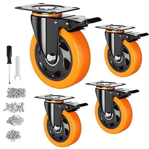 3 Inch Caster Wheels, Heavy Duty Casters Set of 4 with Brake - color: Orange, size: 3 Inch