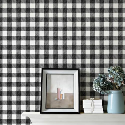 Checkered Wallpaper Black and White Wallpaper 17.3" × 196" Peel and Stick Modern Plaid Wall Paper for Cabinets Vinyl Renter Friendly Waterproof Self-Adhesive Bathroom Kitchen Bedroom - color: Black/White, size: 17.3" x 196"