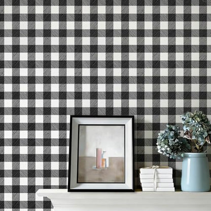 Checkered Wallpaper Black and White Wallpaper 17.3" × 196" Peel and Stick Modern Plaid Wall Paper for Cabinets Vinyl Renter Friendly Waterproof Self-Adhesive Bathroom Kitchen Bedroom - color: Black/White, size: 17.3" x 196"
