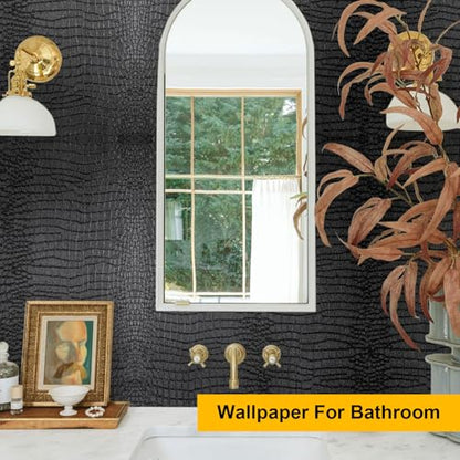 Fititem 17.3”×1180” Black Peel and Stick Wallpaper Crocodile Texture Modern - size: 17.3" x 1180"