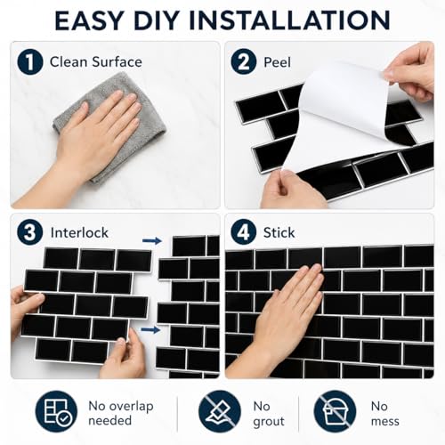 Zimtty Peel and Stick Subway Tile Backsplash for Kitchen Bathroom, Self Adhesive Wall Tiles, 10-Sheet 12"×12" - color: Black