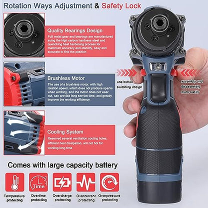 Dioche Electric Screwdriver 16.8V Multi Function Brushless Cordless Impact Screwdriver (2pcs Batteries US Plug)