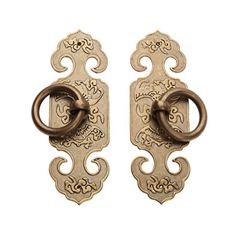 dophee 2PCS Vintage Chinese Style Brass Door Pulls with Screws, 3.94"x1.26"