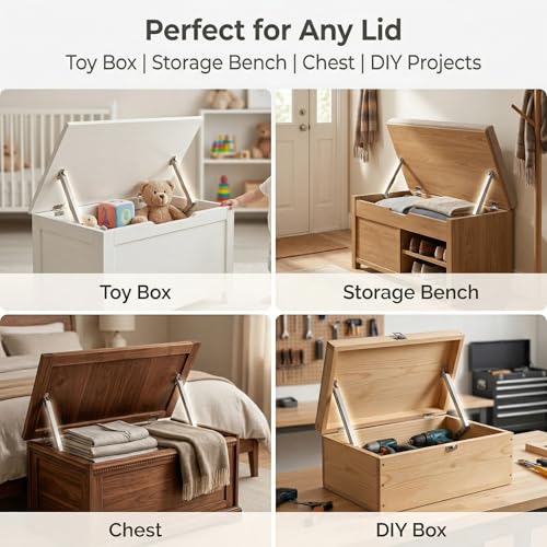 100N Heavy Duty Lid Support Hinge with Soft Close, 2 Pack Toy Box Hinges with Anti-Pinch Warning Stickers, Slow Closing Chest Hinges for Wooden Toy Box, Cedar Chest, Storage Trunk, Easy Install
