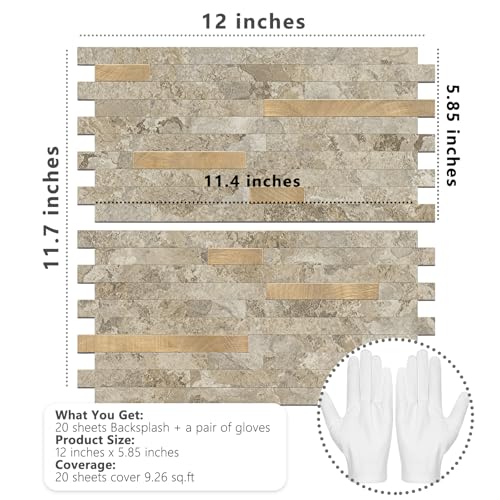 STICKGOO 20 Sheets Peel and Stick Backsplash Tile, Stick on Backsplash for Kitchen and Bathroom, Stone Beige Marble Look PVC Mixed Metal Gold Self Adhesive Wall Tiles - color: Stone Beige + Metal Gold