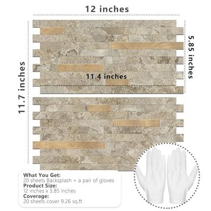 STICKGOO 20 Sheets Peel and Stick Backsplash Tile, Stick on Backsplash for Kitchen and Bathroom, Stone Beige Marble Look PVC Mixed Metal Gold Self Adhesive Wall Tiles - color: Stone Beige + Metal Gold