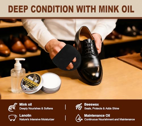 Leather Boot Care Kit, Mink Oil & Saddle Soap for Leather Cleaning & Leather Boots, 6-in-1 Leather Shoe Care Kit