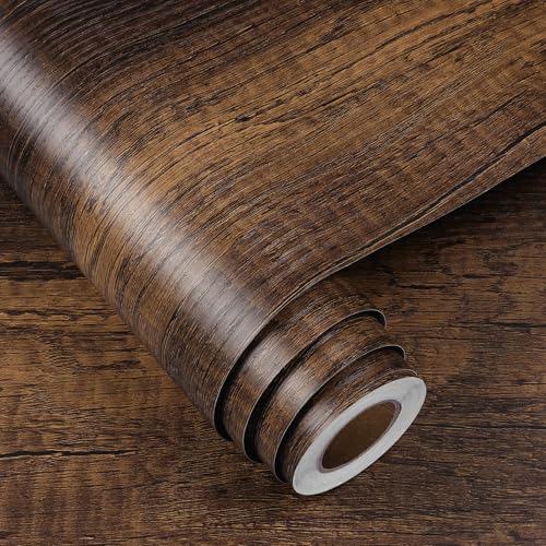 FunStick 24"x200" Dark Brown Walnut Wood Grain Contact Paper Peel and Stick Countertop Contact Paper for Kitchen Cabinet Wallpaper Waterproof Wood Wallpaper for Countertops Cabinets Shelf Liner Decor - size: 24" x 200"