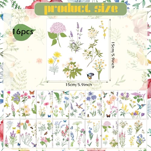 Satinior 16 Sheets Summer Wildflower Rub on Transfers Sticker for Crafts Butterfly Bee Bird Flower Rub on Decals for DIY Furniture Scrapbook Wood Fabric Journal Envelope, 5.9 x 5.9 Inch - style: Wildflower