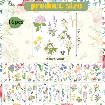 Satinior 16 Sheets Summer Wildflower Rub on Transfers Sticker for Crafts Butterfly Bee Bird Flower Rub on Decals for DIY Furniture Scrapbook Wood Fabric Journal Envelope, 5.9 x 5.9 Inch - style: Wildflower