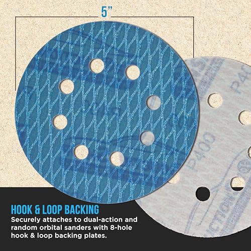 ProductionShop Premium 400 Grit 5" Rhombus Diamond Shape Blue Sanding Discs, 8-Hole, Box of 50 - Hook & Loop Anti-Clogging J-Cloth Dustless Sandpaper for Random Orbital Sanders, Sand Auto Paint, Wood - style: 400 Grit