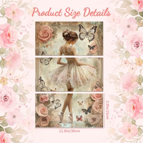 Peacoblue Retro Ballet and Roses Rub On Transfers for Furniture 6"x12" - style: Retro Ballet Dancer and Pink Roses