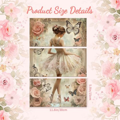 Peacoblue Retro Ballet and Roses Rub On Transfers for Furniture 6"x12" - style: Retro Ballet Dancer and Pink Roses