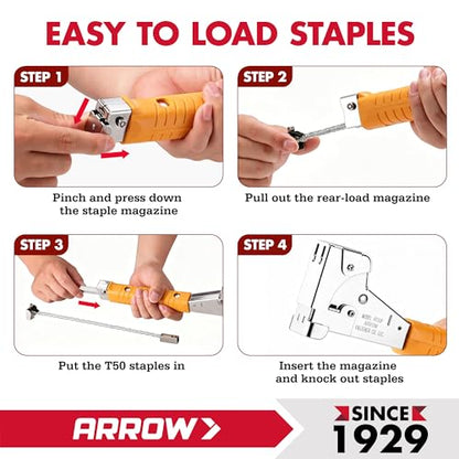 Arrow HT50 Heavy Duty Hammer Tacker, Chromed-Steel Manual Stapler with Sure-Grip Handle, Dual-Capacity Rear-Load Magazine, Fits 5/16”, 3/8", or 1/2" Staples (Pack of 4) - size: (4-Pack)