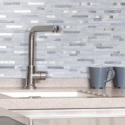 AULIGET 20 Sheets Faux Stone Peel and Stick Backsplash, Light Grey Marble Look PVC Mixed Metal Wall Tiles Stick on Backsplash for Kitchen - color: Light Grey + Metal Silver, size: 20 Sheets, 6"x12"x0.12"