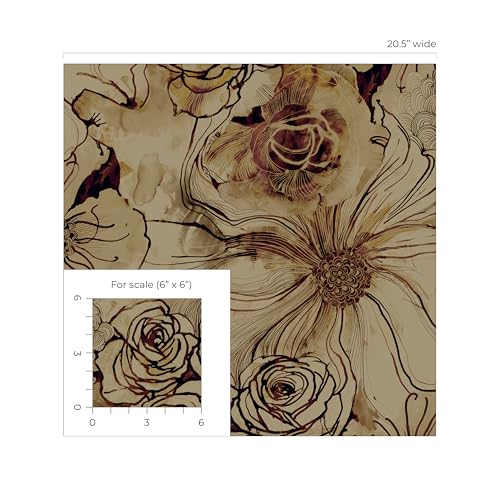 NextWall Harry & Grace Ink Rose Abstract Floral Peel and Stick Wallpaper (Metallic Bronze & Wine) - color: Metallic Bronze & Wine